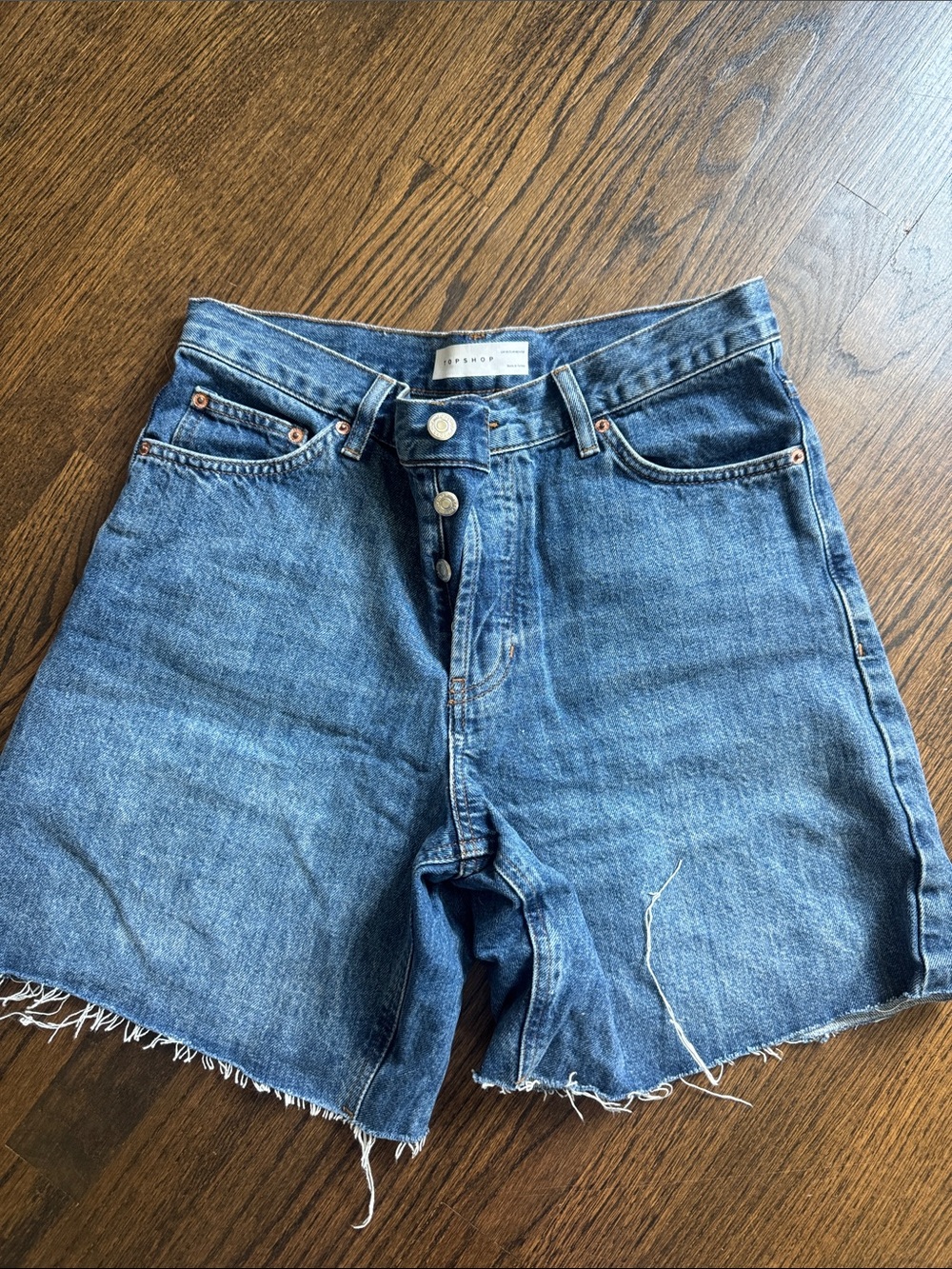Topshop Raw Hem High-Rise Denim Shorts in Blue